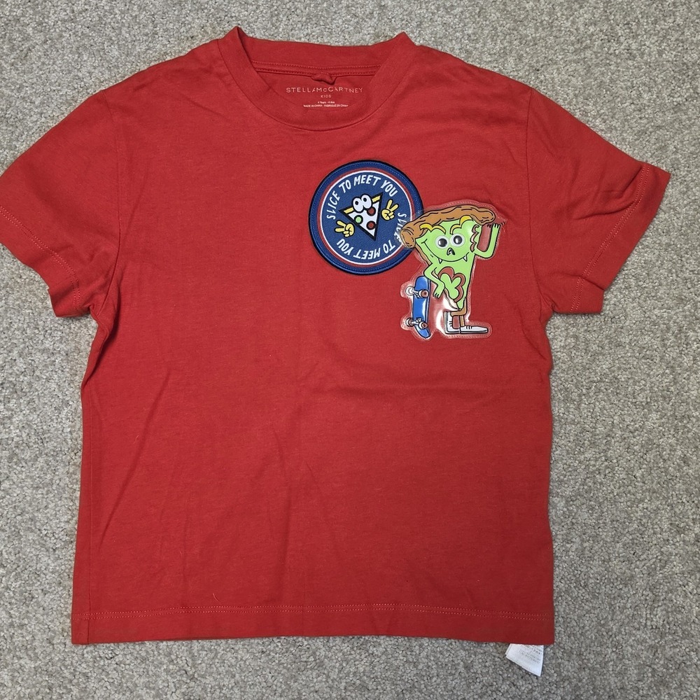 Stella McCartney Kids Boys Pizza Skateboard Patch T Shirt Red Size 4 Years